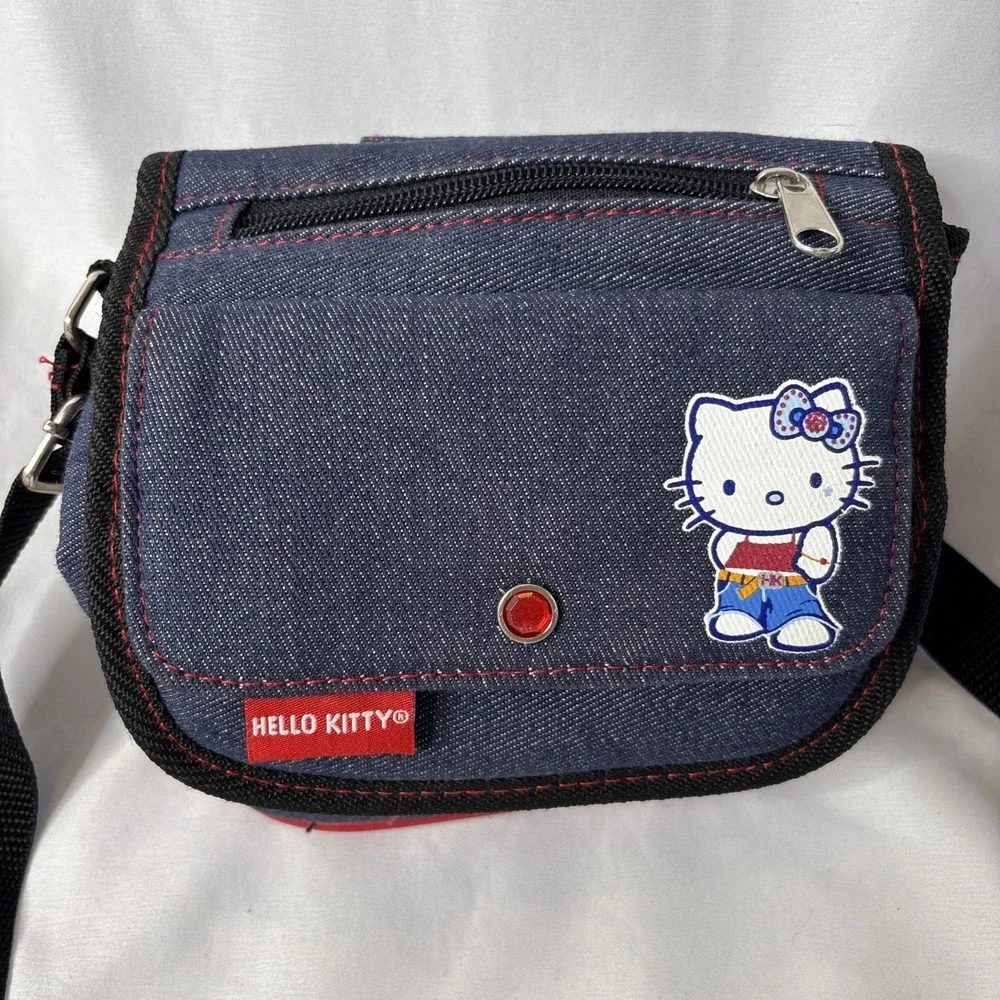 Vtg Y2K 2002 Sanrio Hello‎ Kitty Denim Blue Red Crossbody Bag Purse 7.5x7